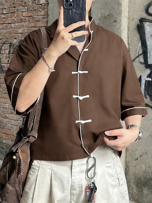 Men's Vintage Casual Lightweight Contrast Piping Frog Button Open Collar Short Sleeve Shirt SKUL55390