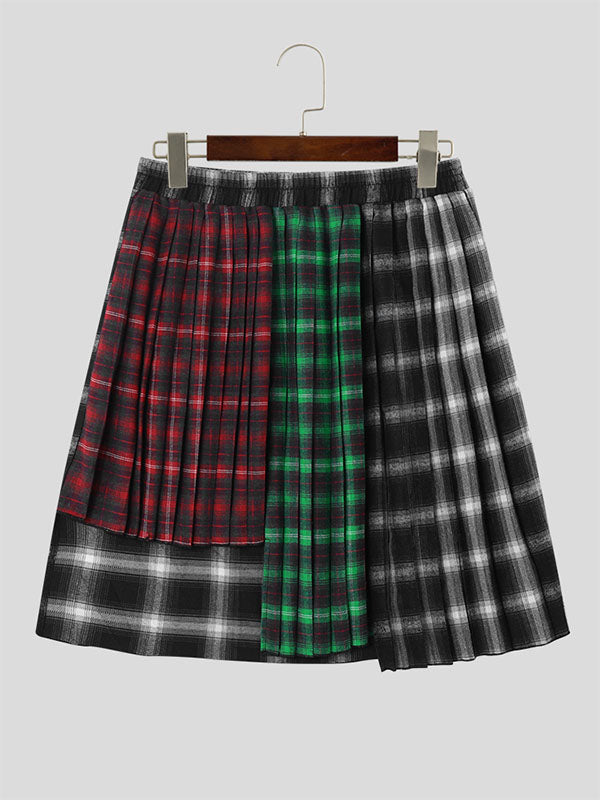 Mens Irregular Pleated Plaid Patchwork Skirt SKUK37261