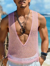 Mens Sheer Mesh Cowl Neck Hollow Tank SKUL13738