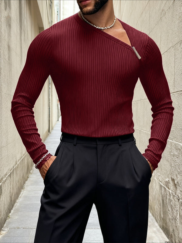 Men's Asymmetric Shoulder Design Textured Long Sleeve T-shirt SKUL43663