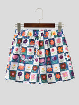 Men's Checkered Floral Print Ruffled Detail Elastic Waist Casual Short SKUL59798