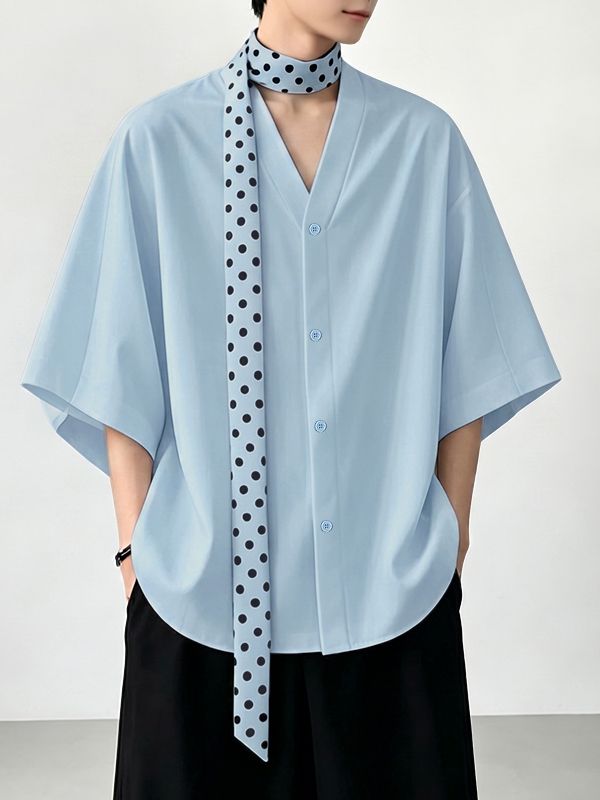 Men's Avant-Garde Minimalist Wide Sleeve Polka Dot Scarf Button-Up Shirt SKUL69365