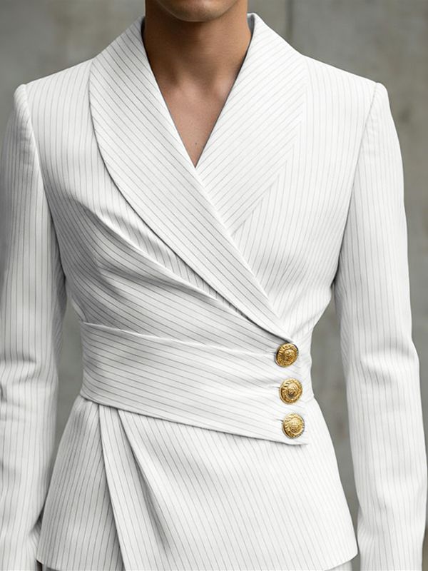 Men's Asymmetrical Placket Striped Metal Button Long Sleeve Blazer SKUL43977