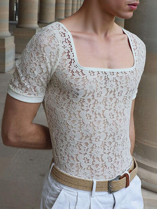 Mens Sheer Lace Square Neck Short Sleeve T-Shirt SKUL07028
