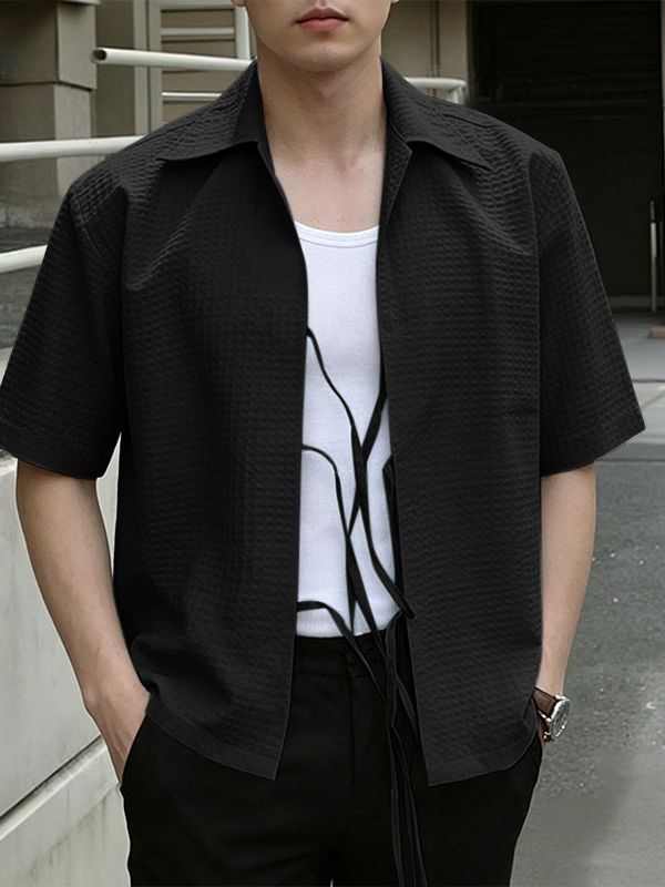 Men's Solid Color Textured Tie Short Sleeve Shirt SKUL62085