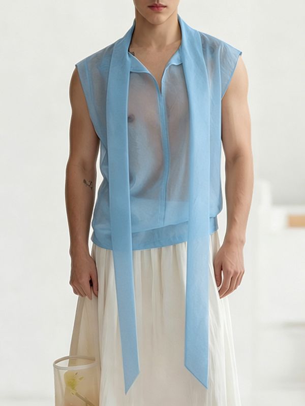 Men's Avant-Garde Shawl Collar Streamer Sheer Sleeveless Shirt SKUL69640
