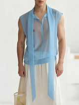 Men's Avant-Garde Shawl Collar Streamer Sheer Sleeveless Shirt SKUL69640
