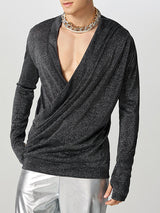 Mens Sparkling Draped Neck Design Long-Sleeve T-Shirt SKUK85841