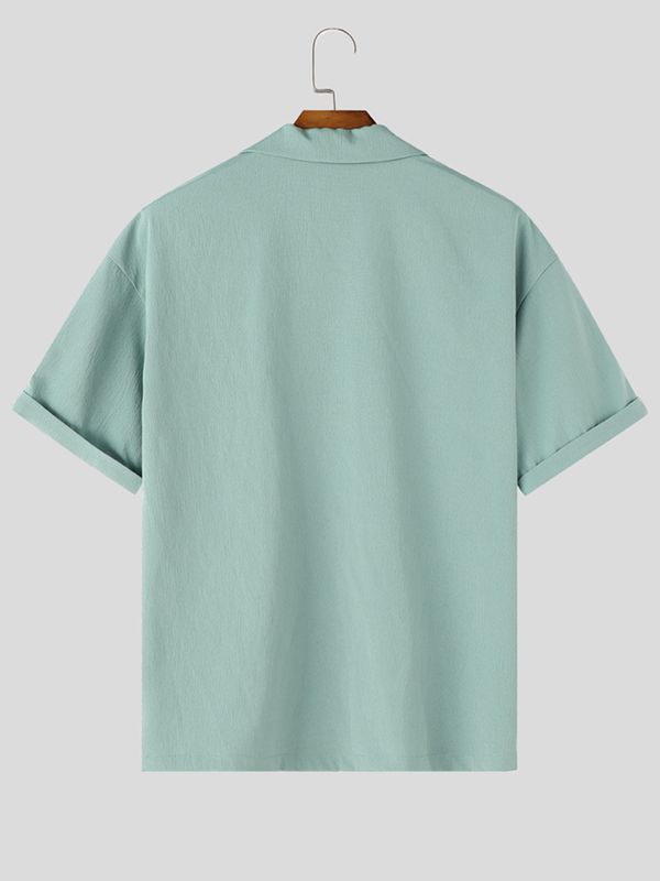 Men's Solid Color Textured Casual Short Sleeve Shirt SKUL63845