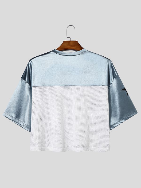 Men's American High-Street Star Graphic Mesh Patchwork Short Sleeve T-shirt SKUL70180