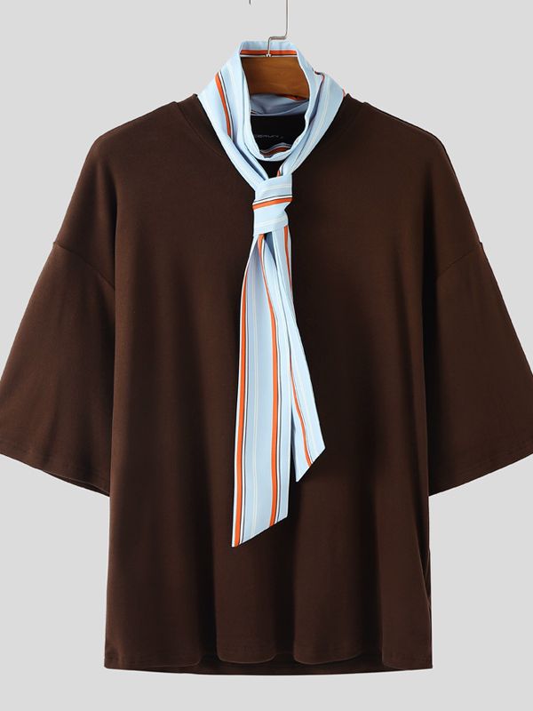 Men's Striped Scarf Crew Neck Knit Short Sleeve T-Shirt SKUL39904