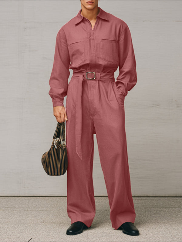 Men's Solid Tie Strap Casual Long Sleeve Jumpsuit SKUL28175
