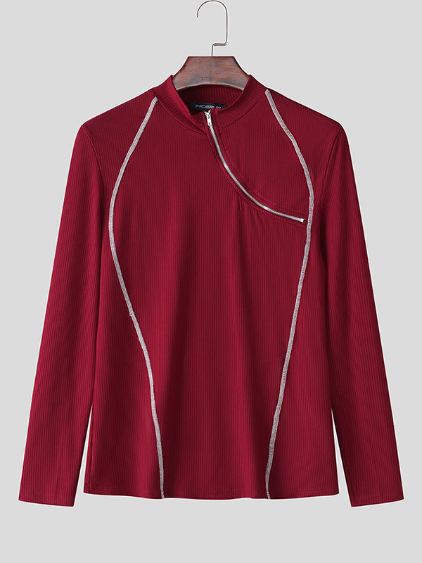 Mens Asymmetrical Zip Knit Long Sleeve T-Shirt SKUL00055