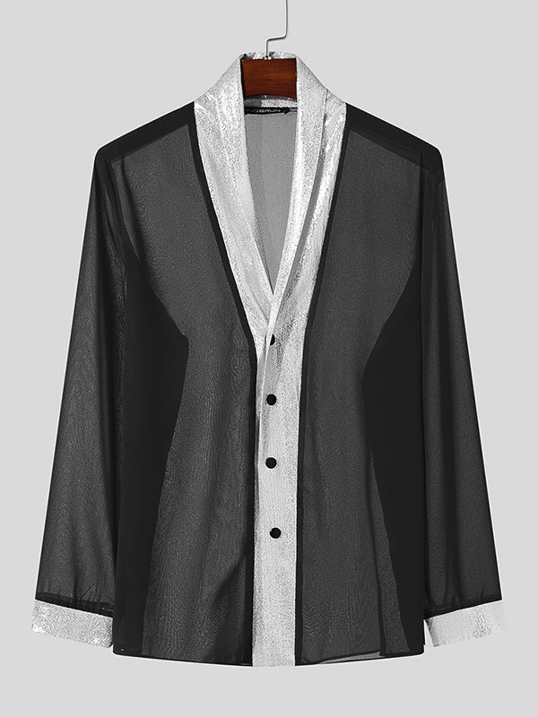 Mens Glitter Element Color-Block Long-Sleeve Shirt SKUK85763