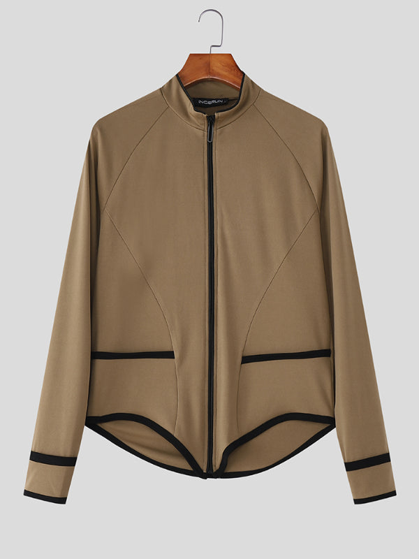 Men's Contrast Trim Asymmetric Hem Long Sleeve Jacket SKUL25971