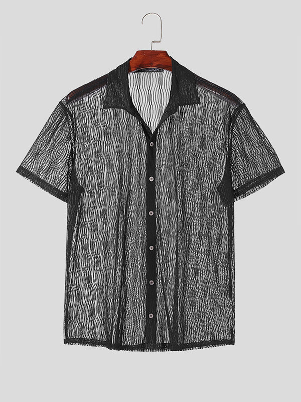 Mens Lace Jacquard Lapel Short Sleeve Shirt SKUK48005