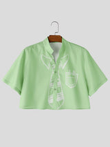 Men's Avant-Garde Trompe L'oeil Tie Print Deconstructed Mandarin Collar Cropped Short Sleeve Shirt SKUL65900