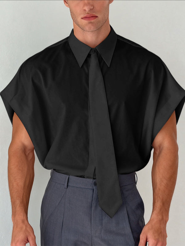 Men's Solid Color Tie Batwing Sleeve Shirt SKUL42631