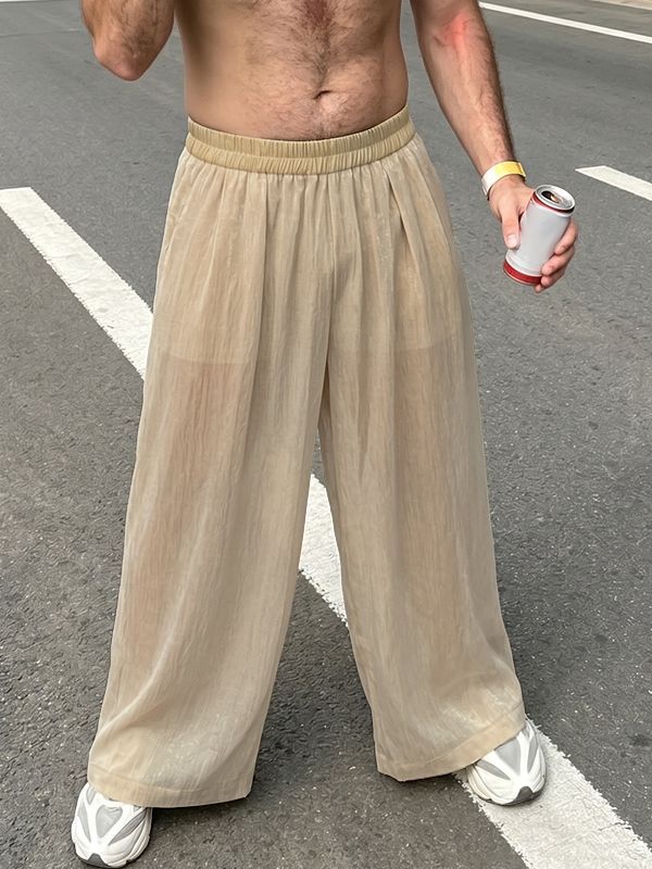 Men's Vintage Boho Sheer Mesh Plated Crinkled Loose Straight Wide Leg Pant SKUL70412