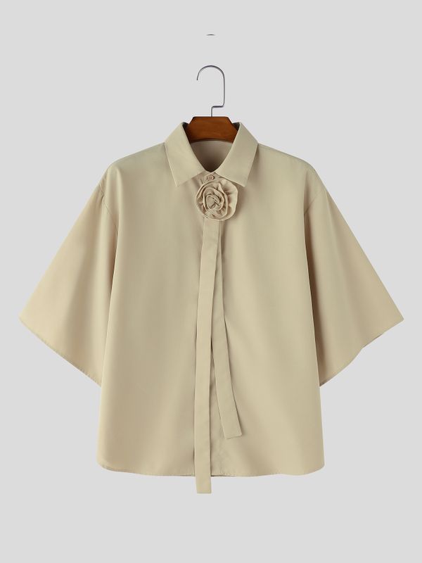 Men's Avant-Garde 3D Fabric Flower Rosette Collar Dropped Shoulder Wide Sleeve Shirt SKUL69619