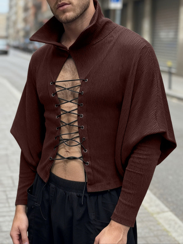 Men's Solid Color Textured Drawstring Long Sleeve Shirt SKUL42338