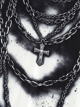 Men's Gothic Rock 3D Trompe L'oeil Chains and Cross Print Fitted Mock Neck T-shirt SKUL64277