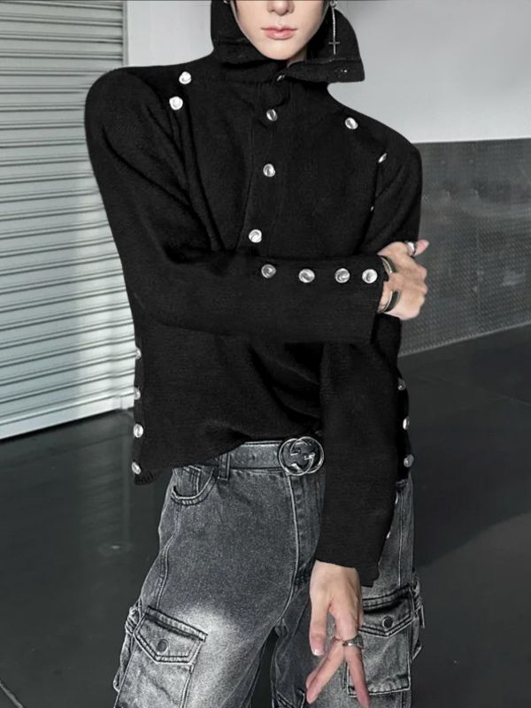 Men's Deconstructed Metal Buckle High Neck Long Sleeve T-shirt SKUL42254