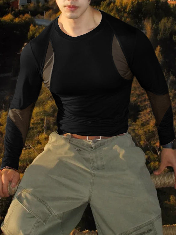 Men's Sheer Mesh Patchwork Long Sleeve T-shirt SKUL46211