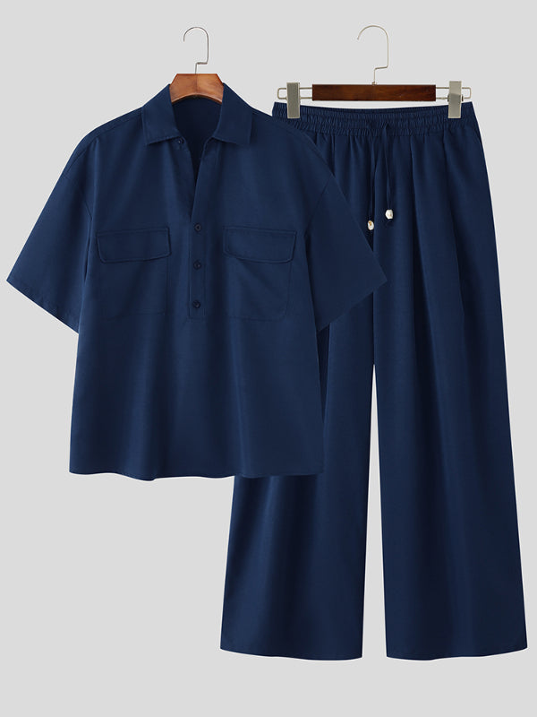 Men's Solid Color Lapel Casual Two Pieces Outfit SKUL30320