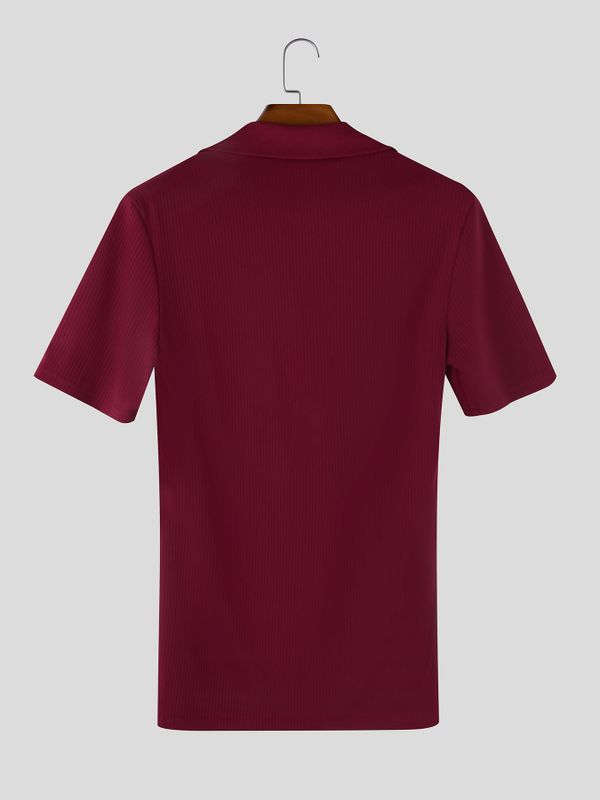 Men's Solid Color Textured Lapel Short Sleeve Shirt SKUL57814