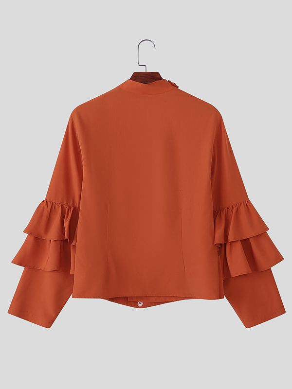 Men's Solid Drape Ruffled Patchwork Long Sleeve Shirt SKUL38916