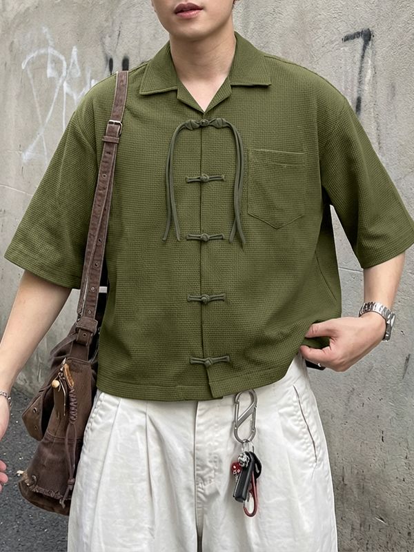 Men's Chinese Style Textured Frog Button Half Sleeve Shirt SKUL55386