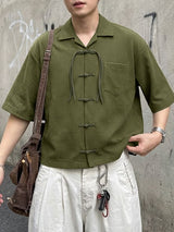 Men's Chinese Style Textured Frog Button Half Sleeve Shirt SKUL55386
