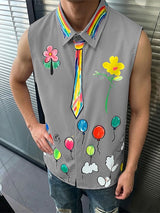 Men's Playful Avant-Garde Hand-Drawn Rainbow Tie Graphic Sleeveless Button-Up Shirt SKUL69069