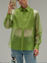 Men's Sheer Mesh Patchwork Long Sleeve Shirt SKUL47611
