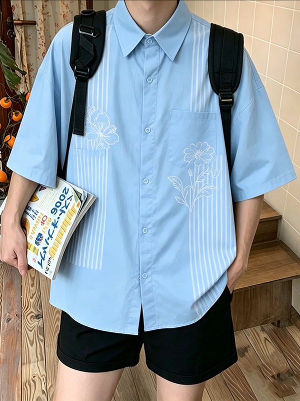 Men's Japanese Harajuku Style Clean Color-Block Vertical Stripe Floral Print Short Sleeve Shirt SKUL72759