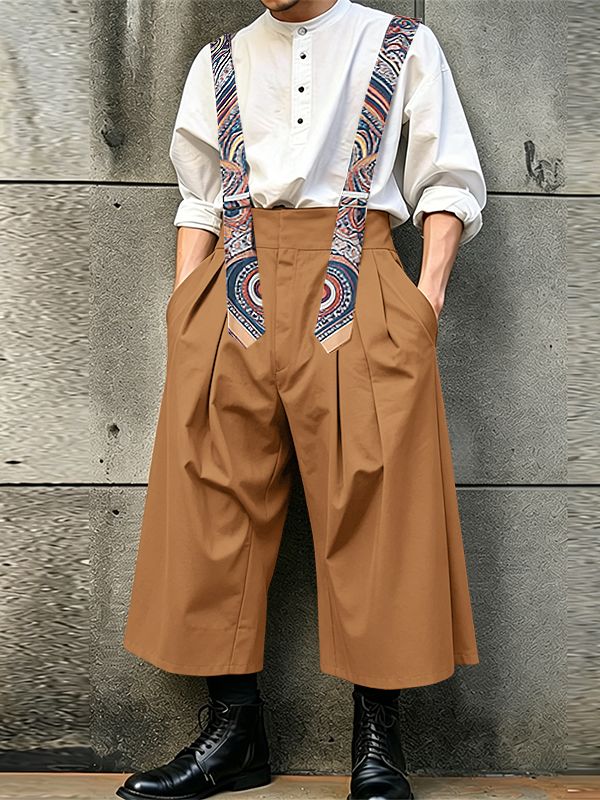 Men's Vintage British Suspenders High Waist Pleated Wide-Leg Palazzo Overall SKUL63021