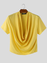 Men's Solid Color Draped Neck Cropped Short Sleeve T-shirt SKUL56615