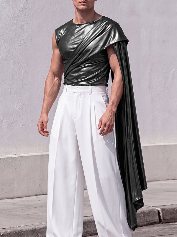 Men's Avant-Garde Glam Stage Runway Metallic Drape Cape One-Shoulder Tank SKUL82428