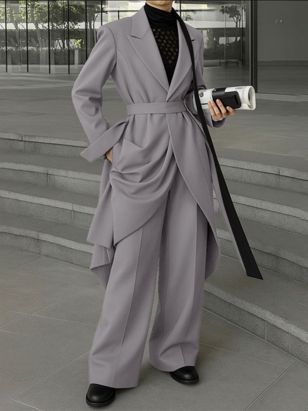 Men's Solid Color Long Hem Tie Two Pieces Outfit SKUL32861