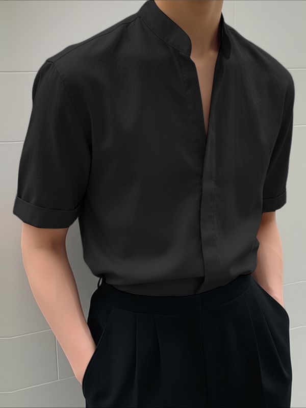 Men's Solid Color Stand Collar Short Sleeve Shirt SKUL49916