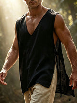 Men's Summer Beach Linen Deep V-Neck Open Side Tie-Knot Tank SKUL68413