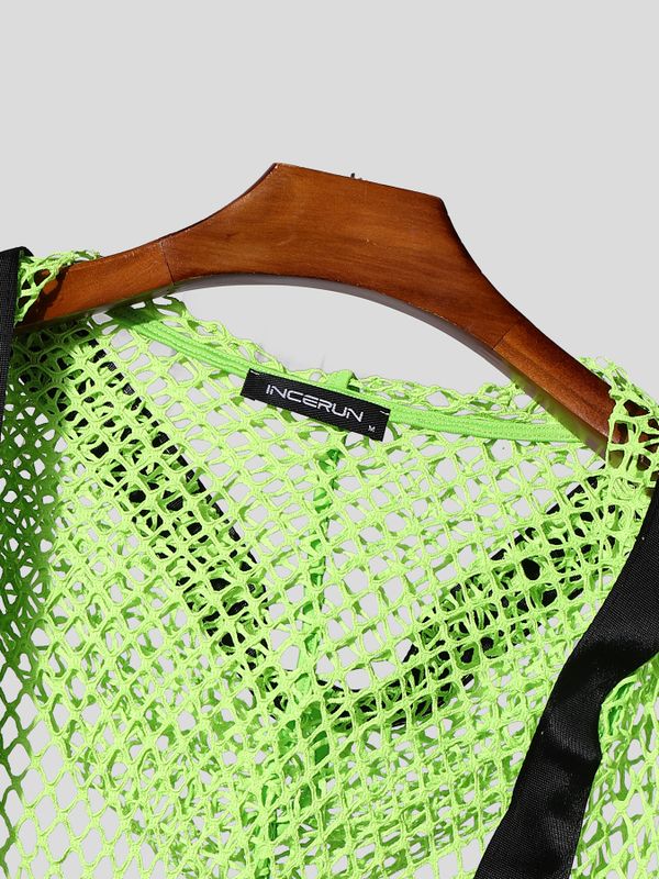 Men's Clubwear Neon Fishnet Mesh Tie-Front Cropped Cardigan SKUL76399