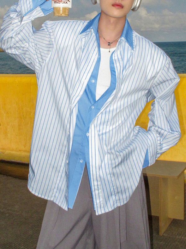 Men's Striped Colorblock Collar Long Sleeve Shirt SKUL27372