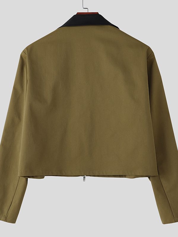Men's Contrast Color Collar Cropped Zip Long Sleeve Jacket SKUL35207