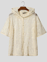 Men's Sheer Lace Hooded Short Sleeve Shirt SKUL26995