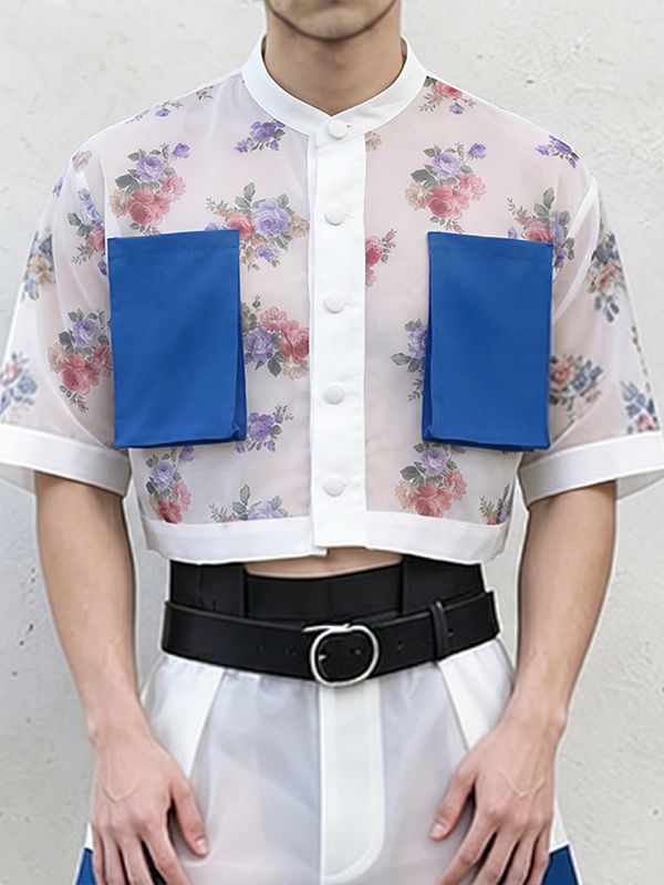 Men's Avant-Garde Floral Sheer Mesh Cropped Mandarin Collar Shirt SKUL60249