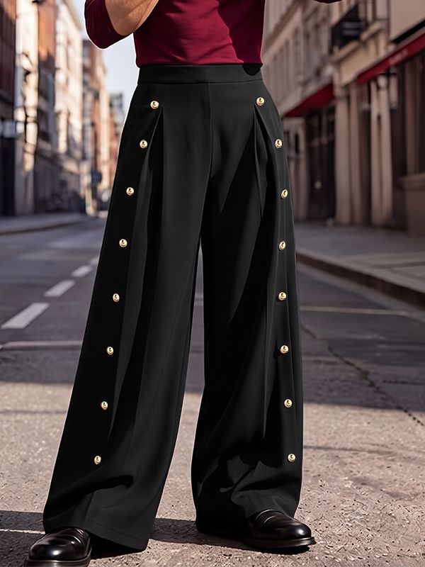 Men's Smart Chic Stage Runway Multi-Button Slit Pleat Wide-Leg Pant SKUL84759