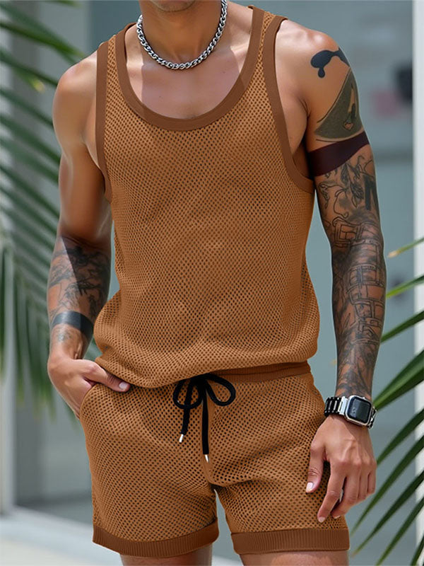 Mens Solid Color Sheer Mesh Two Pieces Outfit SKUL18019