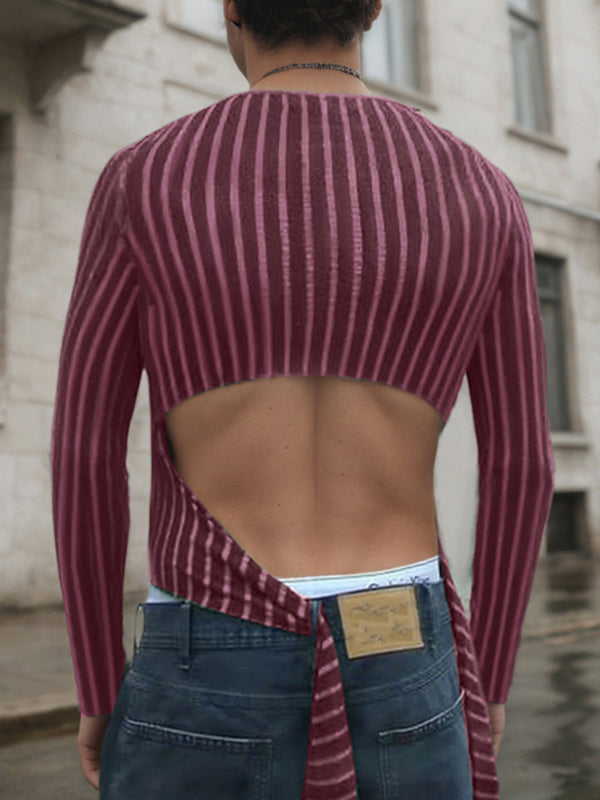 Men's Backless Striped Long Sleeve T-Shirt SKUL24803